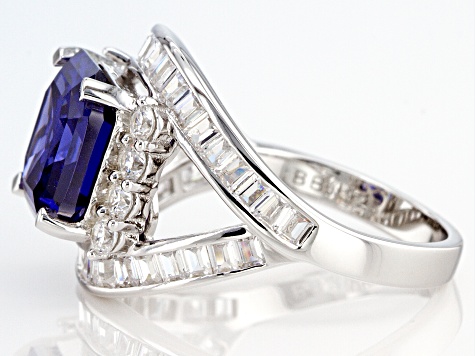 Pre-Owned Blue And White Cubic Zirconia Rhodium Over Sterling Silver  Asscher Cut Ring 10.04ctw - P33875 | JTV.com - 写真