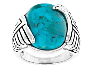 Pre-Owned Oval Blue Turquoise Rhodium Over Sterling Silver Eagle Ring