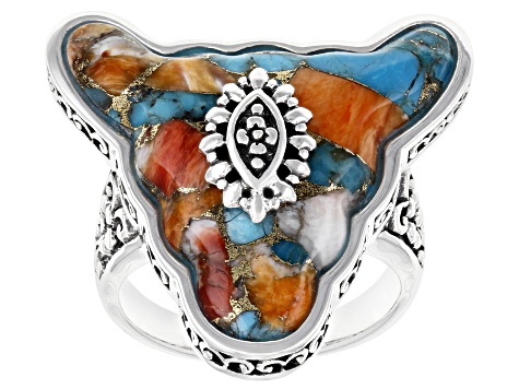 Pre-Owned Blended Turquoise and Spiny Oyster Shell Rhodium Over Silver Bull Ring