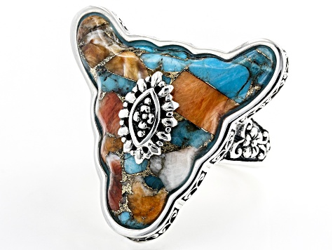Pre-Owned Blended Turquoise and Spiny Oyster Shell Rhodium Over Silver Bull Ring