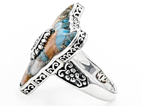 Pre-Owned Blended Turquoise and Spiny Oyster Shell Rhodium Over Silver Bull Ring