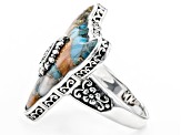 Pre-Owned Blended Turquoise and Spiny Oyster Shell Rhodium Over Silver Bull Ring