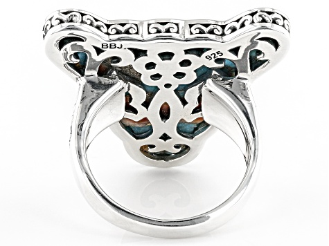 Pre-Owned Blended Turquoise and Spiny Oyster Shell Rhodium Over Silver Bull Ring