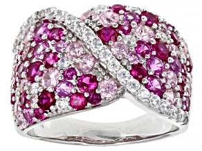Pre-Owned Lab Created Ruby, Pink And White Cubic Zirconia Rhodium Over Sterling Silver Ring 4.04ctw