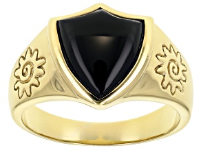 Pre-Owned Mens Black Onyx 18k Gold Over Silver Shield And Sun Ring