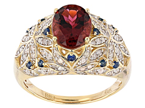 Pre-Owned Pink Tourmaline, Blue Sapphire And White Diamond 14k Yellow Gold Dome Ring 1.83ctw