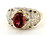 Pre-Owned Pink Tourmaline, Blue Sapphire And White Diamond 14k Yellow Gold Dome Ring 1.83ctw