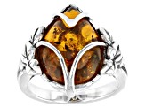 Pre-Owned Yellow Pear Shaped Amber Rhodium Over Sterling Silver Ring