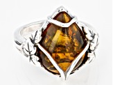 Pre-Owned Yellow Pear Shaped Amber Rhodium Over Sterling Silver Ring
