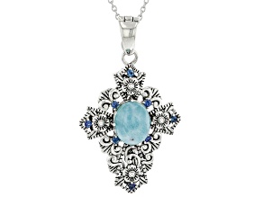 Pre-Owned Blue Larimar and Blue Sapphire Rhodium Over Sterling Silver Cross Pendant With Chain. 0.31