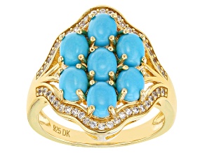 Pre-Owned Blue Sleeping Beauty Turquoise And White Zircon 18k Yellow Gold Over Sterling Silver Ring