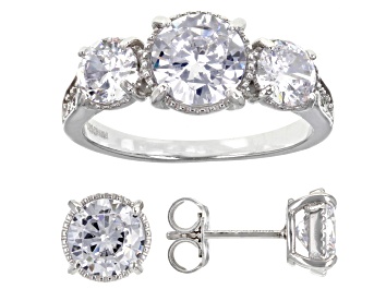 Picture of Pre-Owned White Cubic Zirconia Rhodium Over Silver Ring and Earrings Set 7.36ctw