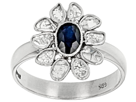 Pre-Owned Polki Diamond and Sapphire Sterling Silver Ring .54ct