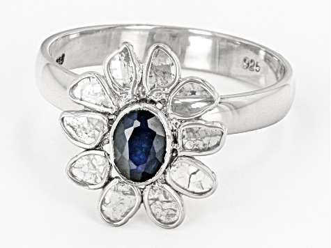 Pre-Owned Polki Diamond and Sapphire Sterling Silver Ring .54ct