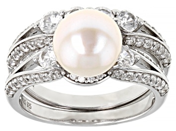 Picture of Pre-Owned White Cultured Freshwater Pearl & White Zircon Rhodium Over Sterling Silver Ring Set