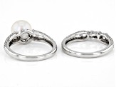 Pre-Owned White Cultured Freshwater Pearl & White Zircon Rhodium Over Sterling Silver Ring Set