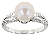 Pre-Owned White Cultured Freshwater Pearl & White Zircon Rhodium Over Sterling Silver Ring Set