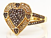 Pre-Owned Champagne And White Diamond 14K Yellow Gold Over Sterling Silver Heart Cluster Ring 0.55ct