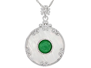 Pre-Owned Carved Green Jadeite & Mother-of-Pearl Rhodium Over Silver Pendant With 18" Chain