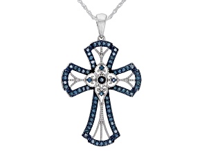 Pre-Owned Blue Diamond Rhodium Over Sterling Silver Cross Pendant With Chain 0.85ctw