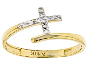 Pre-Owned 10k Yellow Gold & Rhodium Over 10k Yellow Gold Diamond-Cut Cross Ring
