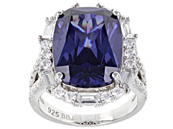 Picture of Pre-Owned Blue And White Cubic Zirconia Rhodium Over Sterling Silver Ring 19.40ctw