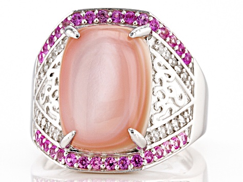 Pre-Owned Pink Mother-Of-Pearl With Lab Pink Sapphire & White Zircon Rhodium Over Silver Ring
