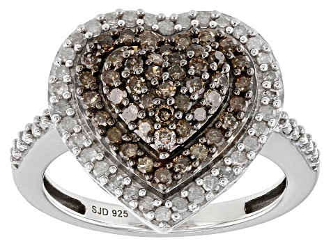 Pre-Owned Champagne And White Diamond Rhodium Over Sterling Silver Heart Shaped Cluster Ring 0.85ctw