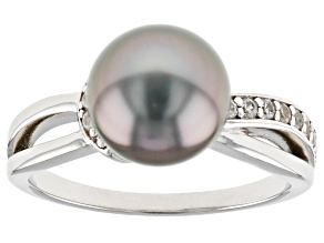 Pre-Owned Cultured Tahitian Pearl With White Zircon Rhodium Over Sterling Silver Ring