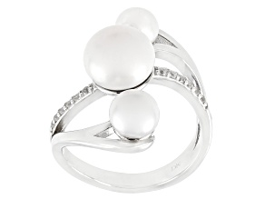 Pre-Owned White Cultured Freshwater Pearl with White Zircon Rhodium Over Sterling Silver Ring