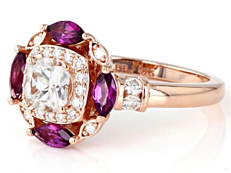 Pre-Owned Moissanite and grape color garnet 14k rose gold over silver ring 1.12ctw DEW.