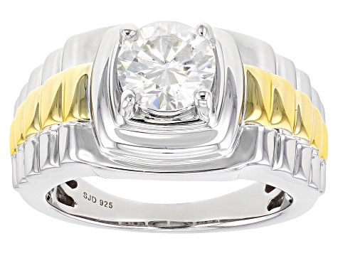 Pre-Owned Moissanite platineve and 14k yellow gold over platineve two tone mens ring 1.90ct DEW.