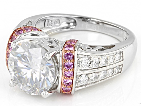 Pre-Owned Moissanite And Pink Sapphire Platineve And 14k Rose Gold Accent Settings Ring 4.12ctw Dew