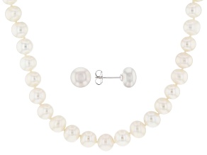 Pre-Owned White Cultured Freshwater Pearl Rhodium Over Sterling Silver Necklace & Earring Set