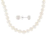 Pre-Owned White Cultured Freshwater Pearl Rhodium Over Sterling Silver Necklace & Earring Set