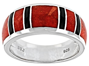 Pre-Owned Red Coral And Black Onyx Inlay Rhodium Over Silver Mens Band Ring