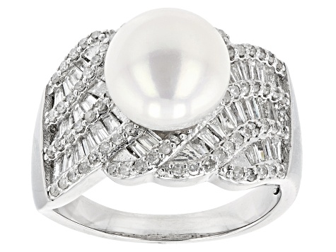 Pre-Owned White Cultured Freshwater Pearl & White Diamond Rhodium Over Sterling Silver Ring 1.08ctw