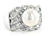 Pre-Owned White Cultured Freshwater Pearl & White Diamond Rhodium Over Sterling Silver Ring 1.08ctw