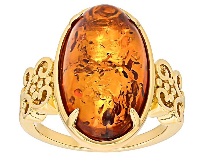 Pre-Owned Orange Oval Amber 18k Yellow Gold Over Sterling Silver Ring