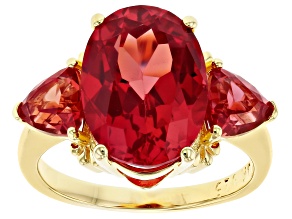Pre-Owned Orange Lab Created Padparadscha Sapphire 18k Yellow Gold Over Silver 3-stone Ring 6.77ctw