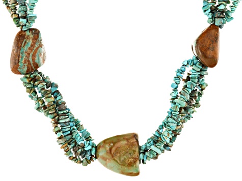 Pre-Owned Green Turquoise Nugget, Chips, and Beaded Rhodium over Silver Statement Necklace