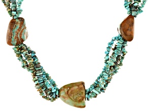 Pre-Owned Green Turquoise Nugget, Chips, and Beaded Rhodium over Silver Statement Necklace