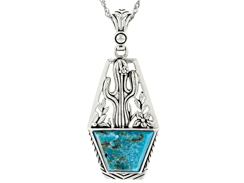 Pre-Owned Blue Turquoise Rhodium Over Silver Cactus Pendant with Chain