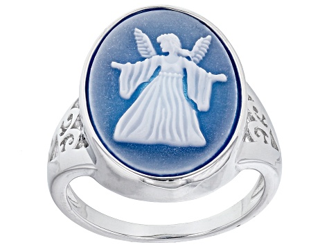 Pre-Owned Blue Chalcedony Angel Cameo Rhodium Over Sterling Silver Ring 18x13mm