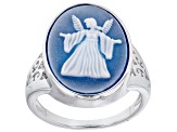 Pre-Owned Blue Chalcedony Angel Cameo Rhodium Over Sterling Silver Ring 18x13mm