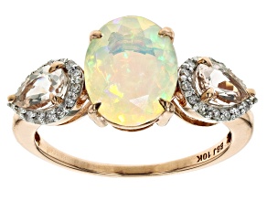 Pre-Owned Multicolor Ethiopian Opal With Morganite, White Diamond 10k Rose Gold Ring 2.02ctw