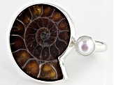 Pre-Owned Ammonite Shell And Cultured Freshwater Pearl Oxidized Sterling Silver Ring