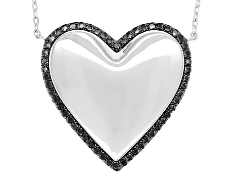 Pre-Owned Black Spinel Rhodium Over Sterling Silver Heart Necklace 0.48ctw