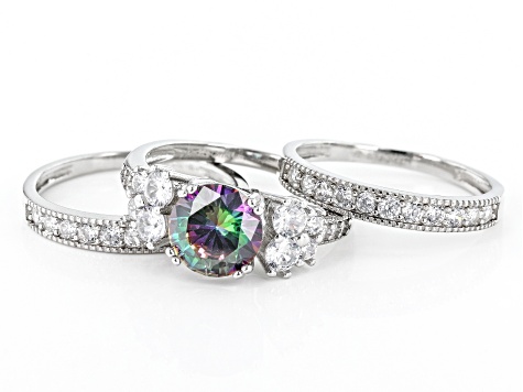 Pre-Owned Multi-Color And White Cubic Zirconia Rhodium Over Sterling Silver 3 Ring Set 5.01ctw