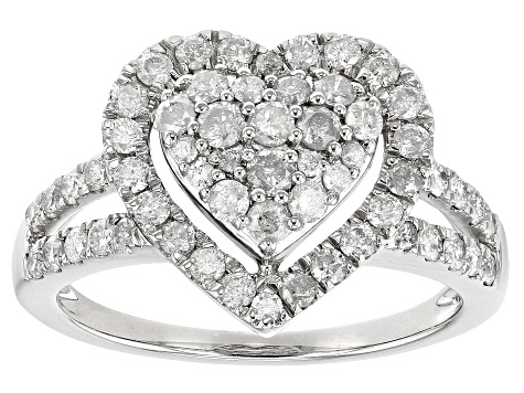 Pre-Owned White Diamond Platinum Heart Cluster Ring 0.95ctw